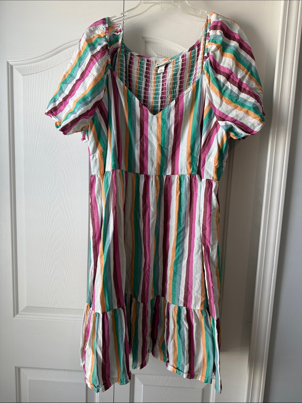 Ava & Viv Multicolor Stripe Puff-Sleeve Dress - White, Pink & Teal